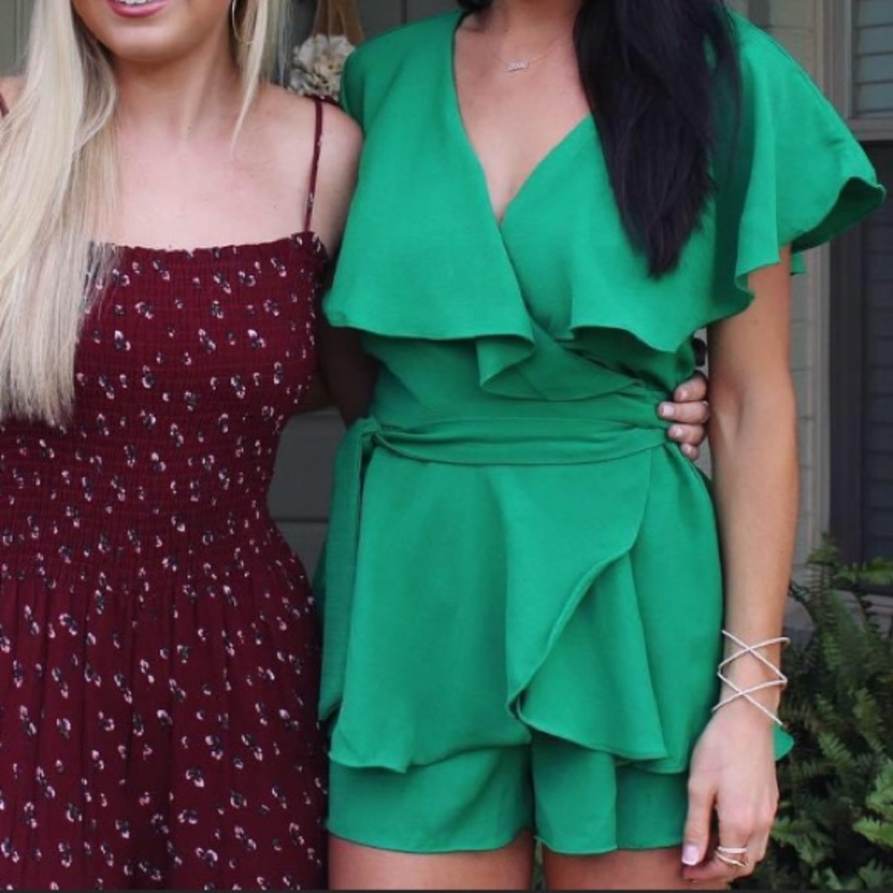 Green Tie Ruffle Romper